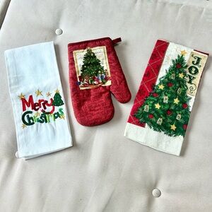 Embroidered Christmas Dish Towel and Oven Mitt Set with Bonus Dish Towel